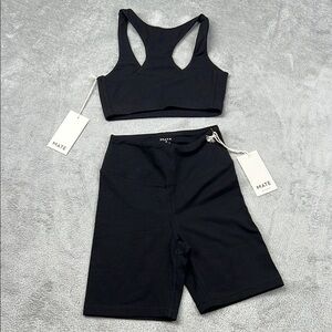 NEW MATE The Label‎ XS Organic Cotton Stretch Black Sports Bra and Shorts Set